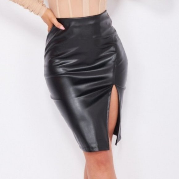 Dresses & Skirts - Black Faux Leather Vegan Leather High Waist Front Slit Bodycon Mini Skirt